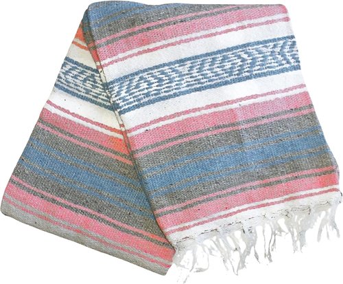 Del Mex Classic Mexican Blanket, Large Authentic Woven Falsa Throw (70"x50"), Artisan Southwest Décor for Beach, Yoga, Outdoors (Pink/Tan)