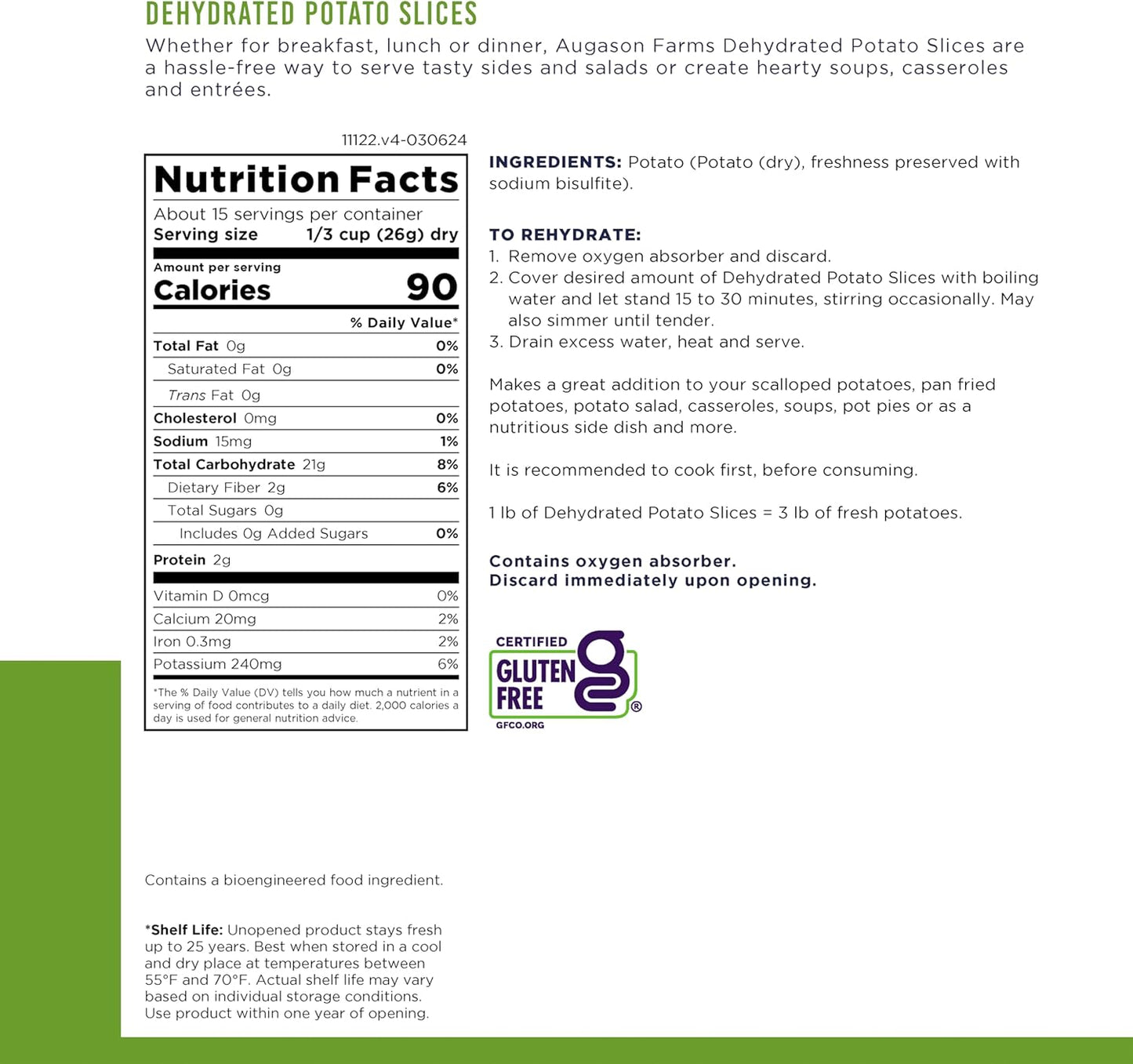 Augason Farms Dehydrated Potato Slices - Emergency Food Supply for Everyday Meals