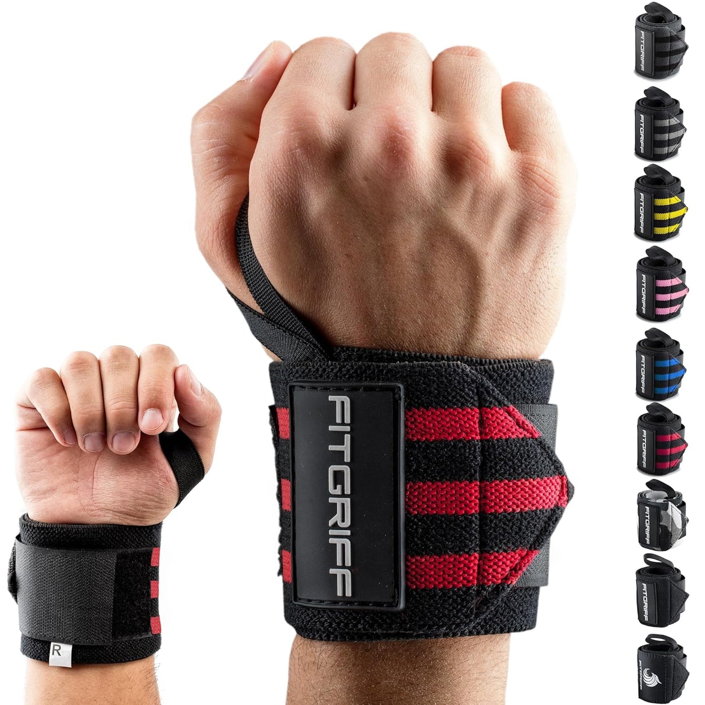 Fitgriff® Wrist Wraps for Weightlifting (18") Heavy-Duty Support for Gym, Bench Press, and Pushups (1 Pair) - for Men and Women (Black)