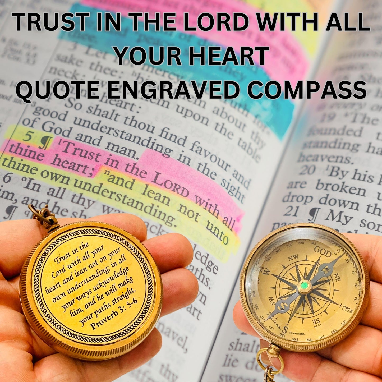 Trust in The Lord with All Your Heart -Proverbs 3: 5-6 Quote Engraved Compass Greeting Wood Box, Inspirational Gift, Baptism 2024 Graduation Day, (1 Trust in The Lord Compass)
