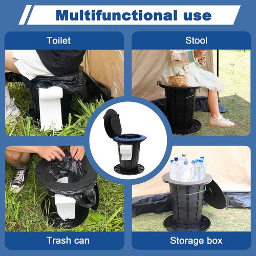 Upgraded Retractable Portable Toilet with Cushion, Adjustable Height Camping Toilets with Lid for Adults and Kids, Compact Portable Potty for Camping, Car, Travel, Boat, Tent and Emergency Use