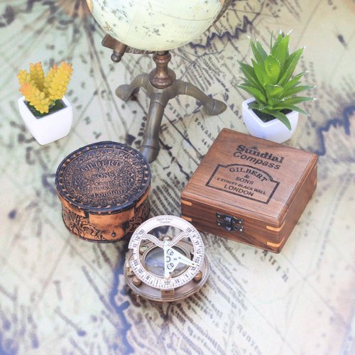 Gilbert and Sons Antique Brass Sundial Compass with Engraved Wooden Case