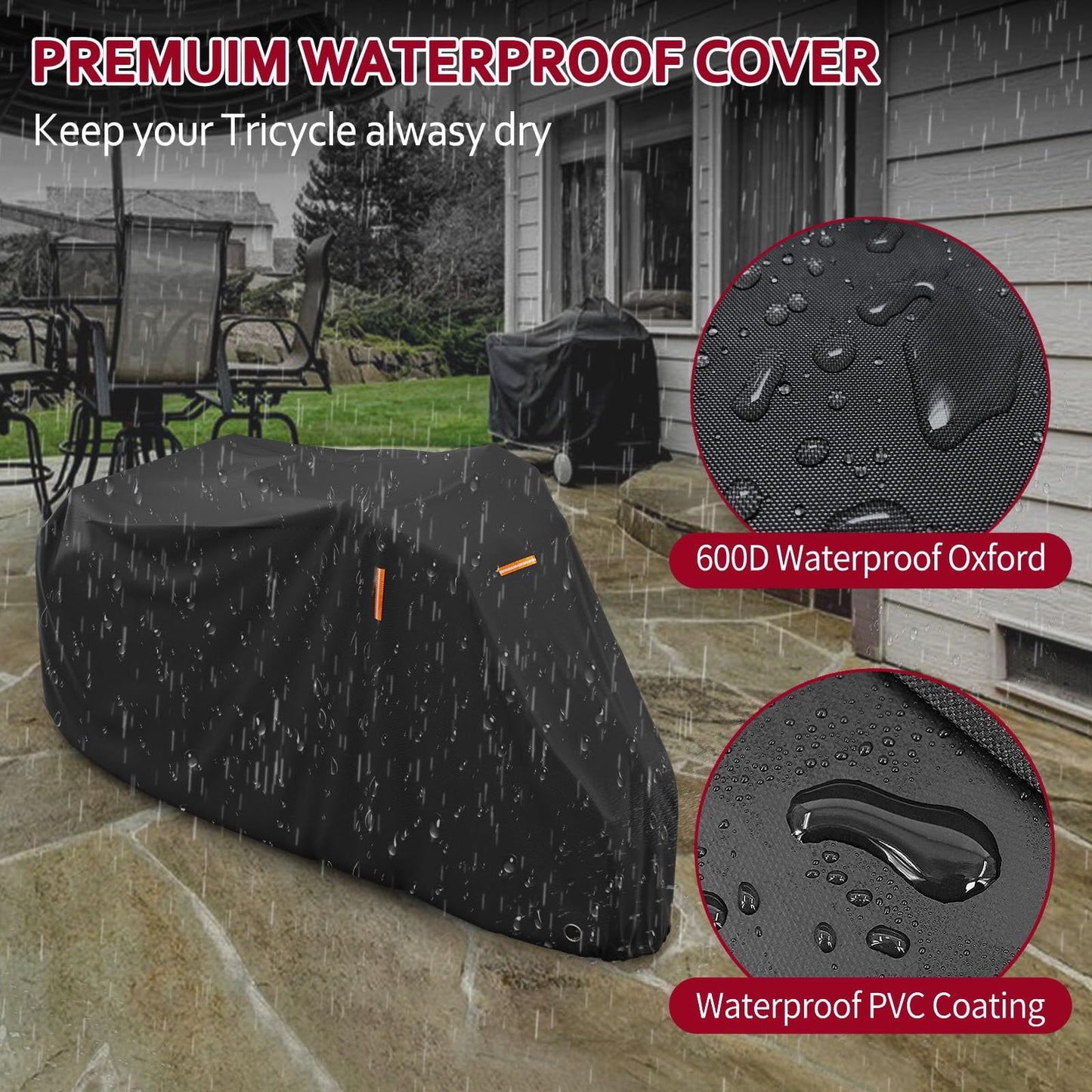 Generic Adult Tricycle Cover, Waterproof Bicycle/Motorcycle Storage Cover, Outdoors Indoors Dust Wind Proof Anti-UV 3 Wheeled Bike Cover, Protect Your Bike from Rain, Black