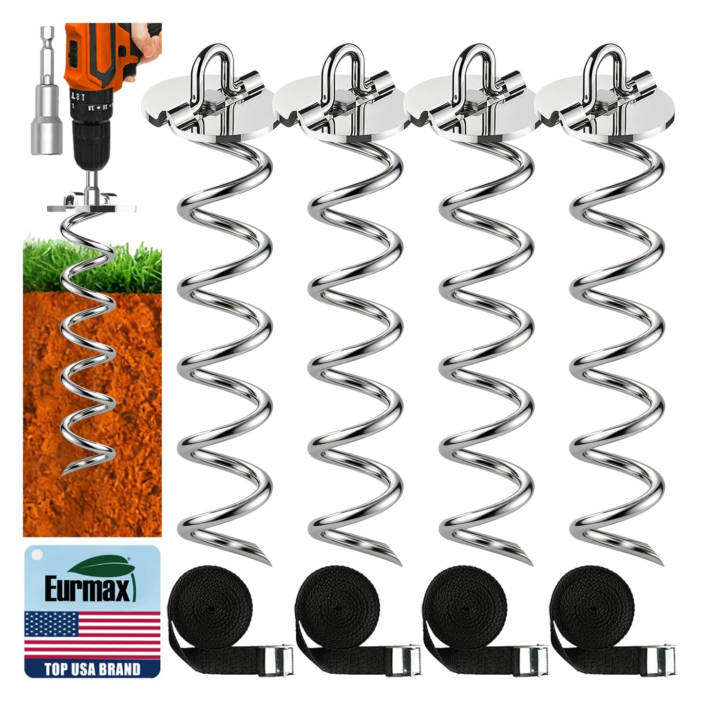 Eurmax USA 4-Pack Spiral Ground Stakes,Anti-Rust High Wind Trampoline Stakes Anchors,Heavy Duty Screw-In Anchor Kit with Tie Down Straps for Dog Tie-out,Trampoline,Tents,Tarps,Carports and more,Silver