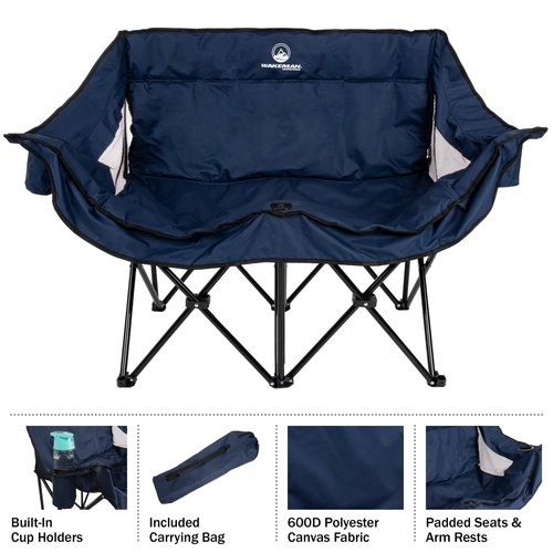 Double Camping Chair - Foldable Portable Couch with 2 Cupholders and Padded Seats - Two-Person Camp Chair with Carrying Bag by Wakeman Outdoor (Blue)