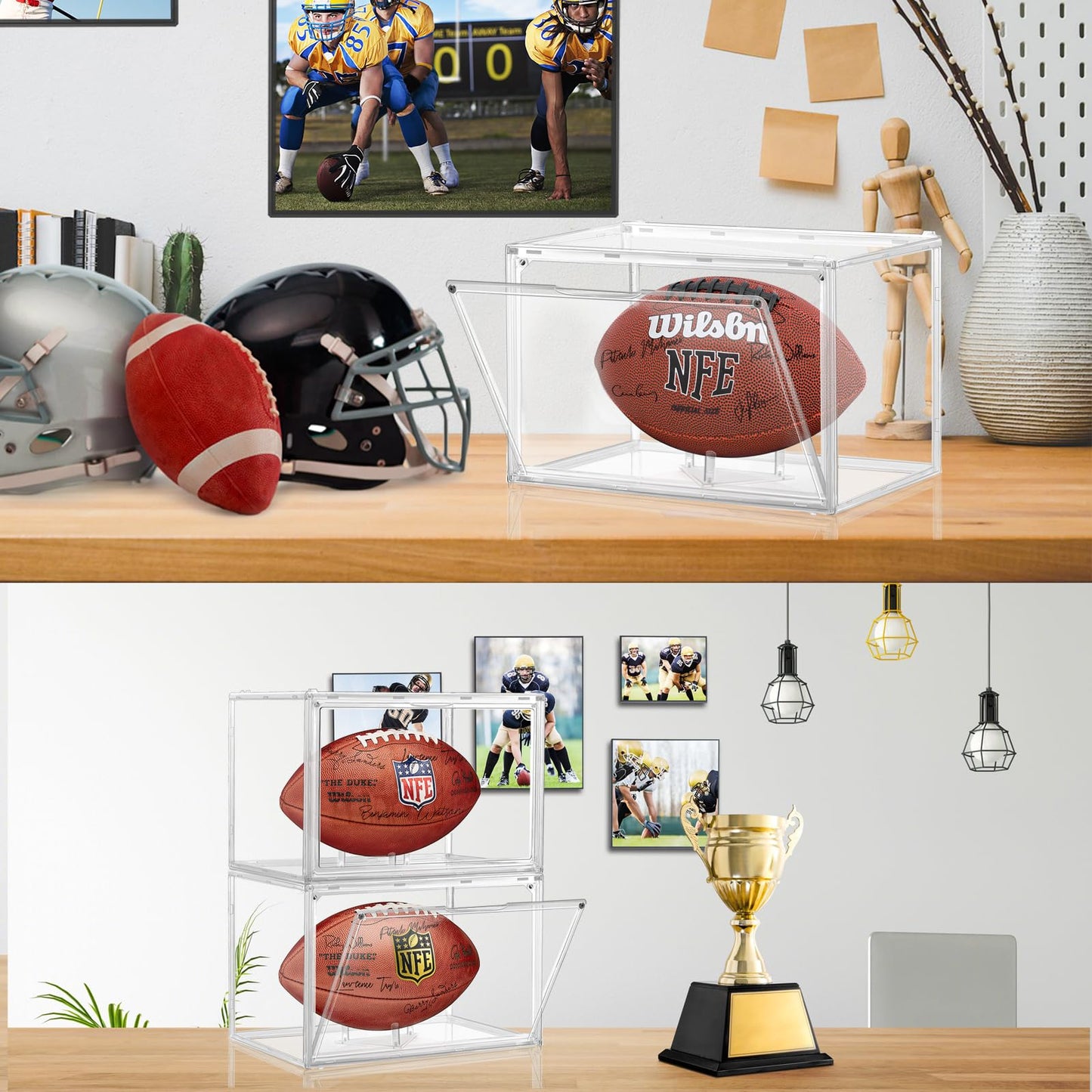 Football Display Case, KKU Acrylic Clear Football Case Full Size with Magnetic Door, Professional Memorabilia Football Display Boxes Football Holder Dust and UV Protection