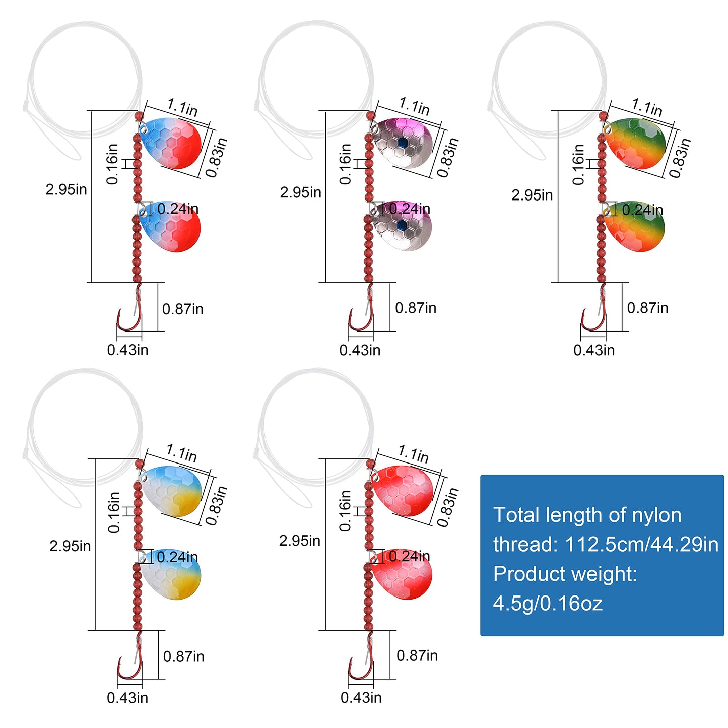 FUSIGO Walleye Spinner Rig Kit Crawler Harness Spinner Rig with Colorado Spinner Blades Octopus Hooks Mono Line Fishing Lure Making Walleye Rigs (MIX-5pcs)