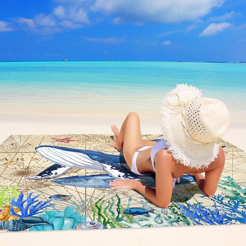 Eotheme Sandproof Beach Mat 79" X 82" for 4-7 Adults, Waterproof Quick Drying Lightweight Beach Blanket with 4 Stakes for Travel Camping Hiking (Whale)