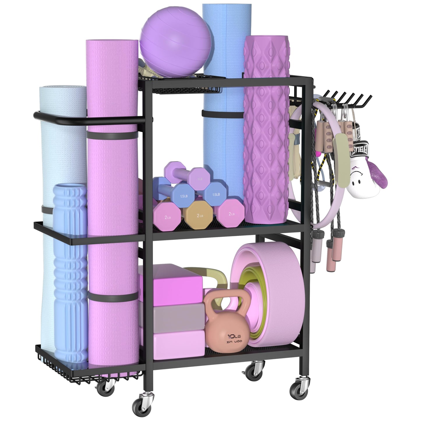 Home Gym Storage Rack, 3 Tier Yoga Mat Storage Rack with Wheel for Yoga Lover, Exercise Equipment and Workout Equipment Organizer, Yoga Mat Holder for Yoga Mats, Foam Roller and Dumbbells(Black)