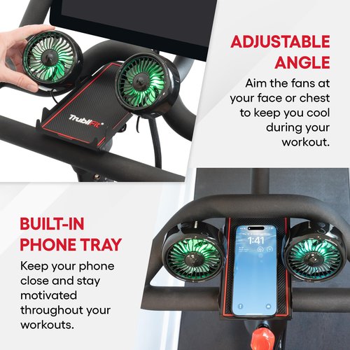 Dual Bike Fans with Phone Tray for Peloton Bike - All-Metal Phone Holder - No Batteries Required - Accessories for Peloton Bike