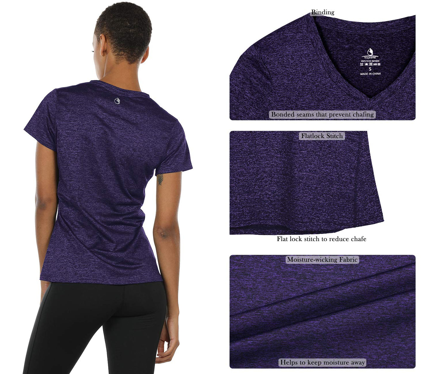 icyzone Workout Shirts Yoga Tops Activewear V-Neck T-Shirts for Women Running Fitness Sports Short Sleeve Tees (M, Royal Blue/Purple/Charcoal)