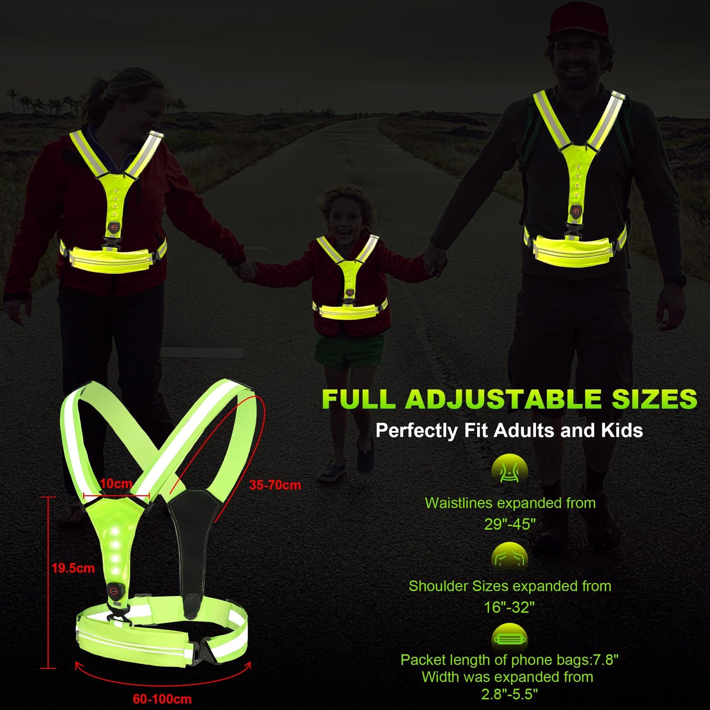 FAWAYSHAAN Reflective Running Vest, Lighted Walking Vest with Pocket, USB C Rechargeable, Reflective Gear for Walking, Biking at Night, High Visibility Gear for Women, Men