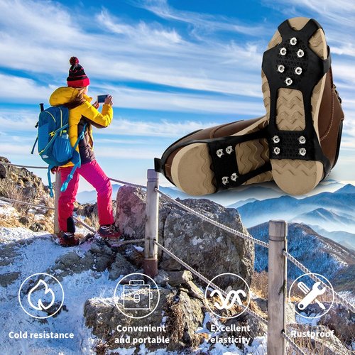 Crampons Ice Cleats for Shoes and Boots, Traction Cleats Ice Snow Grips with 10 Stainless Steel Spikes, Winter Outdoor Anti-Slip Crampon for Walking, Fishing, Climbing and Hiking(L)