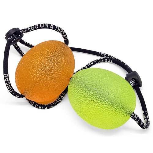 THE EGG ON A THREAD - hand squeezer trainer, grip strengthener, therapy and stress ball two-set. This exerciser is perfect for stress relief, forearm, hand and finger strength, therapy and rehab
