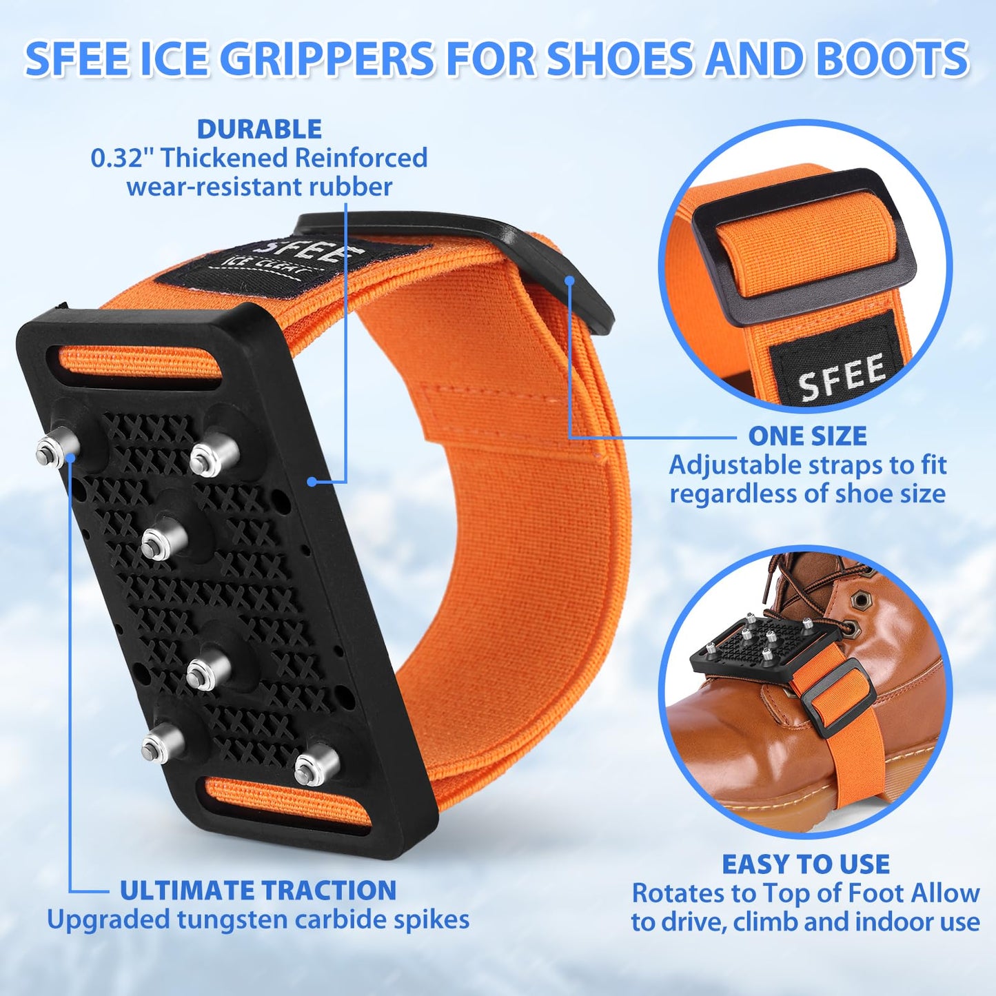 Sfee Ice Cleats Crampons, Easily Rotate Ice Grippers Ice Cleats for Shoes and Boots with Tungsten Studs Shoe Spikes Traction Cleats for Snow and Ice with Adjustable Straps for Frequent Indoor/Outdoor
