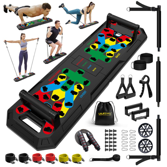 LALAHIGH Home Gym Kit, All-in-One Fitness Equipment with Push-Up Board, Resistance Bands with Bar, Pilates Bar, Pulley and Multi-Functional Training Board for Exercise Strength Training.