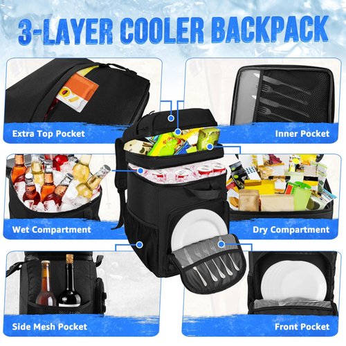 WOTOW Backpack Cooler 45 Cans - Tactical Insulated Soft Cooler Bag for Men Women - Large Capacity Leakproof Back Pack with Widened Top Handle, Cooler Backpack Camping Hiking Picnics Beach (Dark Black)