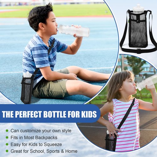 Talltalk 6 Pcs 25 oz Bulk Water Sports Bottles for Kids DIY Squeeze Reusable Plastic with Mesh Adjustable Shoulder, Reusable Transparent Bottles Holder with Adjustable Strap Carrier for Boys Girls