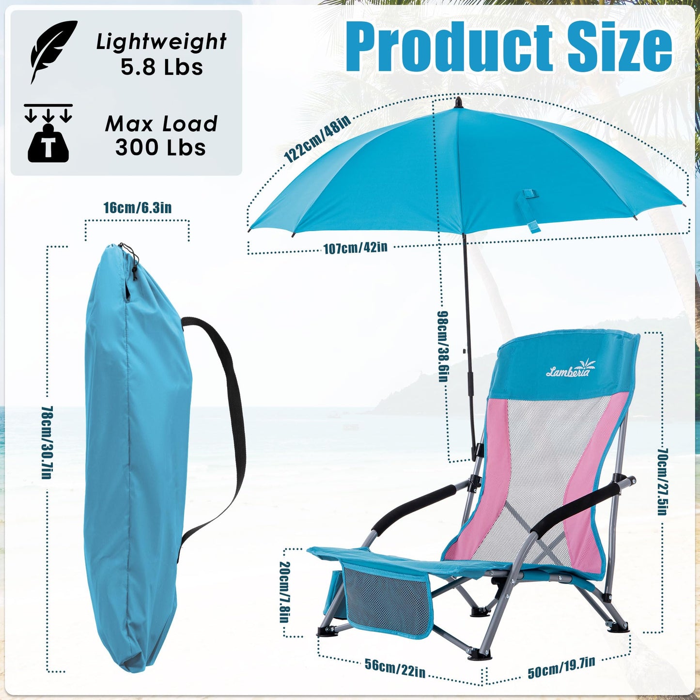 Folding Beach Chair with Umbrella for Adults, 2 Pack Portable Low Beach Chairs with 300lbs Capacity, Lightweight Fodable Camping Chair for Travel, Picnic, Concert & Outdoor Activities, Blue-Pink