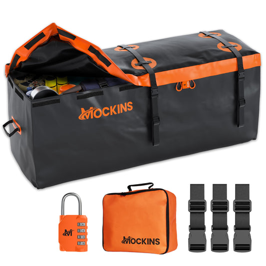 Mockins 16 Cu.Ft. Trailer Hitch Cargo Carrier Bag | 58"x20"x24" All-Weather Waterproof Cargo Bag for Hitch Carrier | Abrasion-Resistant Vinyl Truck Bed Storage Set w/Straps, Combo Lock, & Carry Case