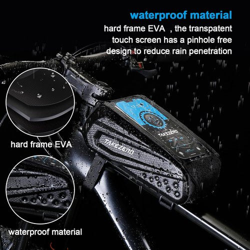 TAKEZERO Bike Frame Bag Waterproof Phone Holder Pouch Storage Bag for Bicycle (Black, 1.8L, Compatible with Phones 4-7 inches)