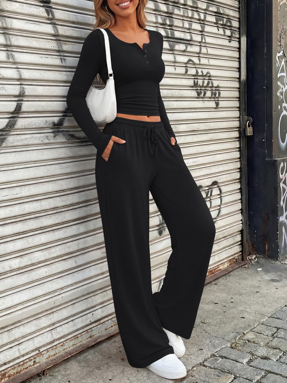 Trendy Queen Women's 2 Two Piece Matching Lounge Sets 2026 Airport Travel Fall Fashion Outfits Crop Top Wide Leg Pants Sweat Suits Workout Gym Y2k Clothes Casual Sweatsuit Loungewear Winter Clothing