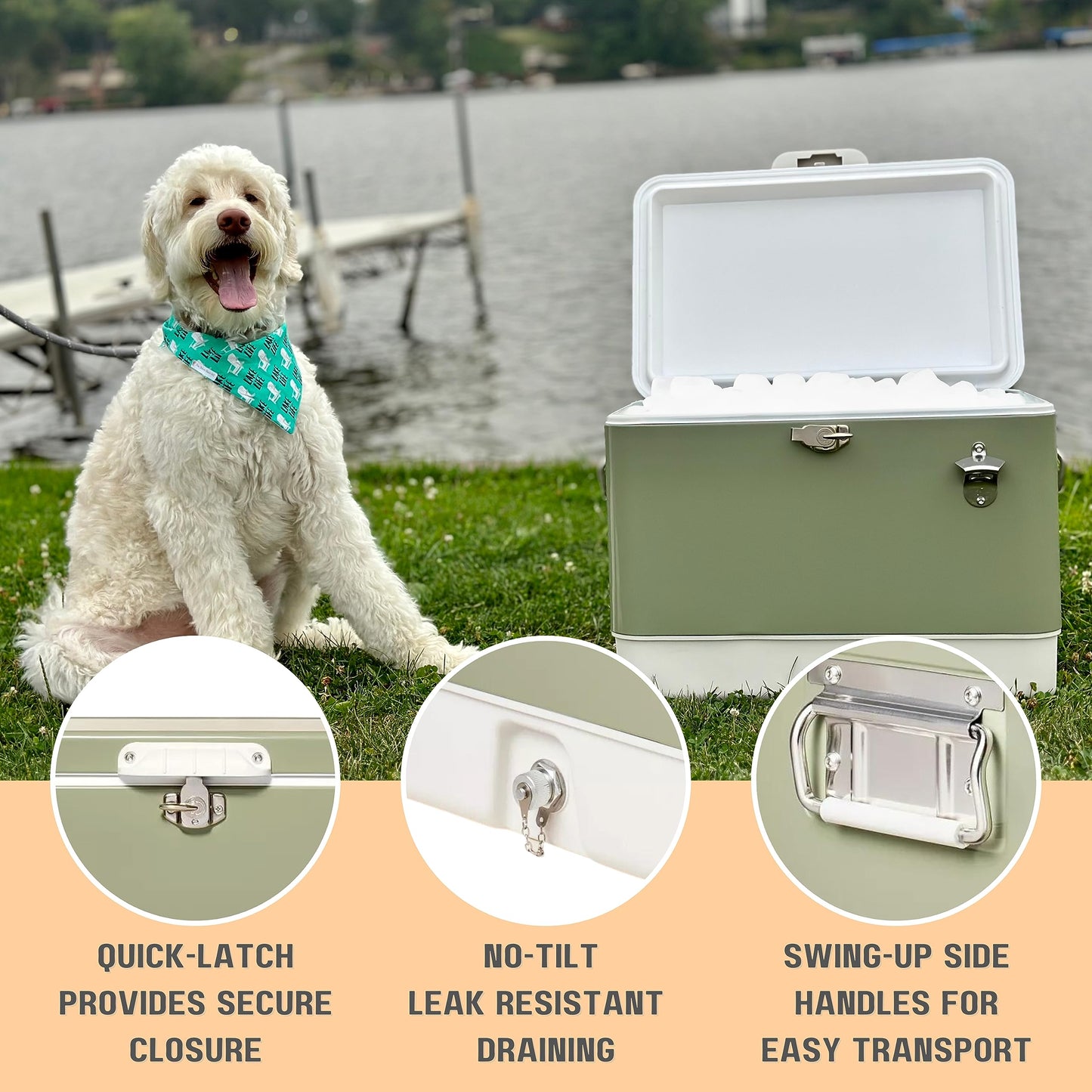 FSE Retro Metal Cooler, 80 Can/54 Qt. Capacity, Hard-Sided, Two Tone, Holds Up to 80 Beverage Cans, Metal Construction with Plastic Lining, Green/Cream