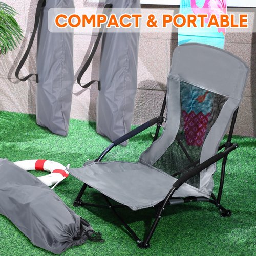Menkxi 6 Pack Low Beach Chairs for Adult Portable Travel Compact High Back Sling Folding Beach Chair with Cup Holder Carry Bag for Lawn Sand Concerts Outdoor Camping BBQ Picnic Festival(Dark Grey)