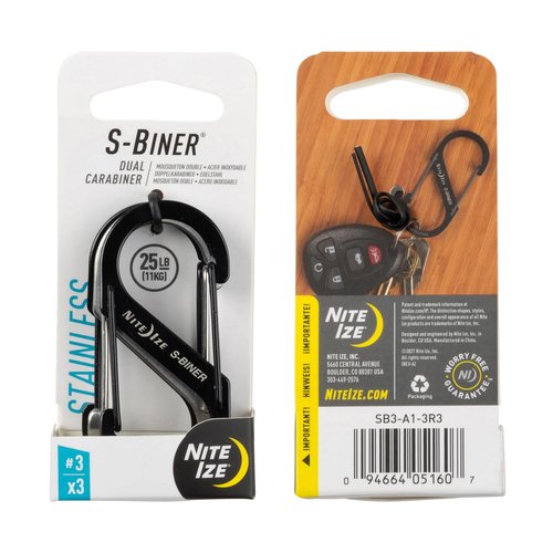 Nite Ize S-Biner Dual Carabiner Stainless Steel - Durable Dual Carabiner with Wire Gate Closure - Carabiner for Organizing Keys & Keychain Attachments - Size 3, Black/Stainless Steel (2 Pack)
