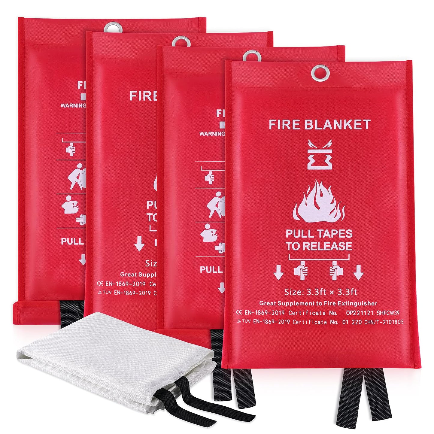 Fire Blanket for Kitchen Home Emergency - Fiberglass Blankets Fire Survival Suspension Flames Retardant Extinguisher Great for Stove Car Garage Office Camping Caravan BBQ Safety (4-Pack)