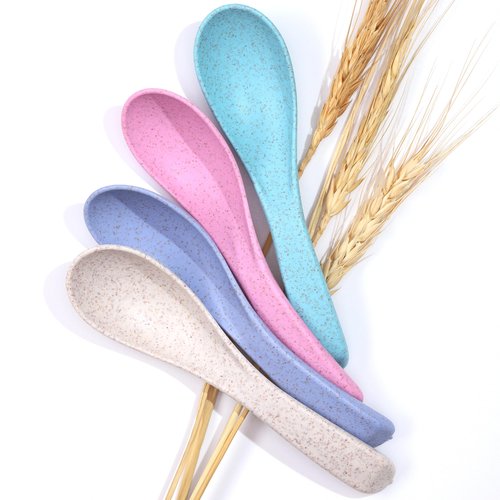 Wheat Straw Travel Spoon Set - 4 Spoons Camping Utensils - Portable Silverware for Lunch Box - Eco Friendly - Reusable Utensils