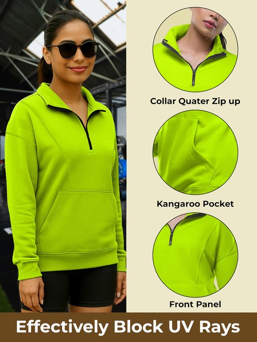 URBAN BUCK Womens Fleece Lined Hoodie High Visibility - Long Sleeves Arryn Quarter Zip Up - Neon Green Oversize Pullover Sweatshirt Top (L)
