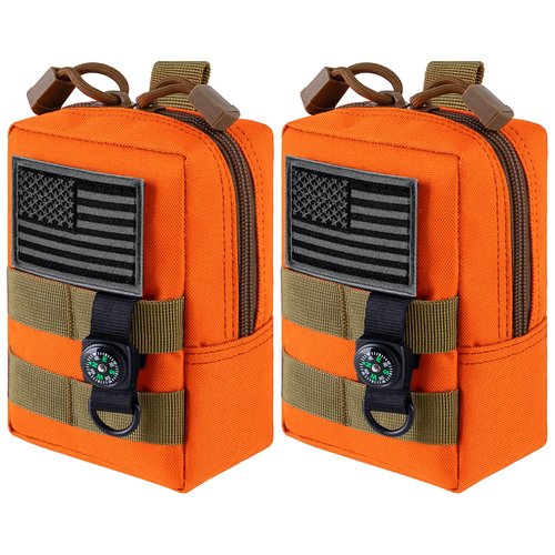 bvya 2 Pack Tactical Molle Pouch Multi-Purpose Compact Waist Pack Water-Resistant Small Utility EDC Pouch with Flag Patch for Molle Backpack, Mini Compass Included