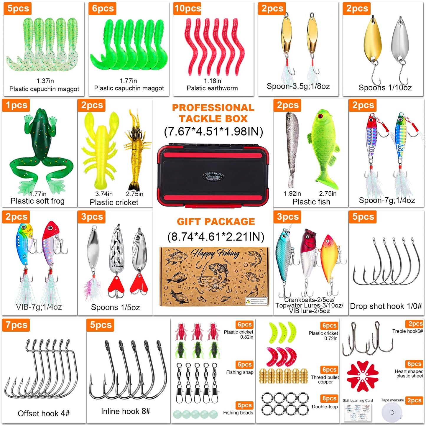 Fishing Lures Kit for Freshwater Tackle Box Kit for Bass Trout, Fathers Day Dad Gifts for Men Dad Husband Boys Beginner, Bait & Other Accessories Fishing Gear Gifts Ideas 105pcs Black