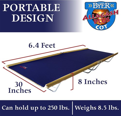 BYER OF MAINE, Allagash Plus, Cot, 76" L X 30" W X 8" H, Lightweight Cot, Extra Wide, Camping Cots Adult, Holds up to 250lbs, Single, Portable Camping Cot