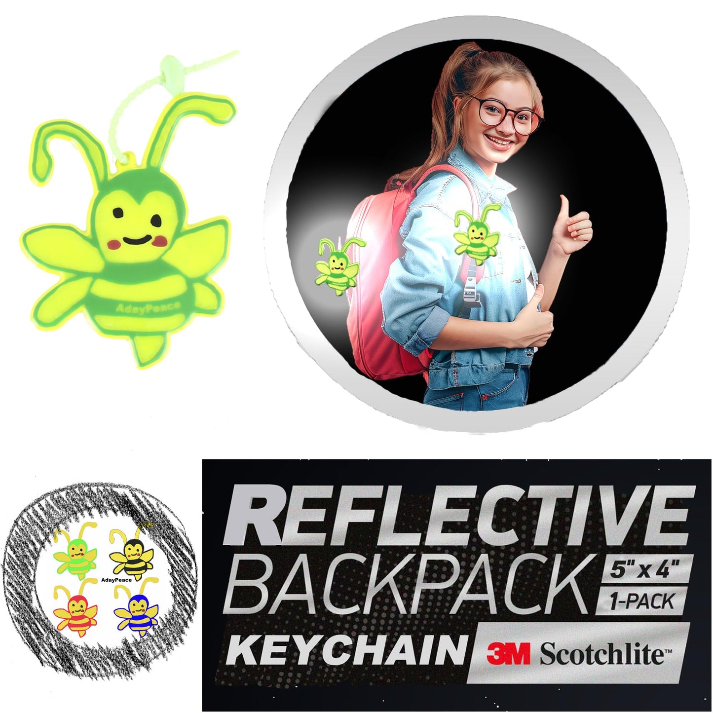 AdayPeace Safety Reflector Fun,Glow Bee-Fun-to-Wear,Ultra Bright,Glow in the Dark Carabiner,Night Reflective Keychain,Safety Keychain,Lightning Bee Keychain Hanging Rings for Kids,Bags,Backpack-Made in Green(green)