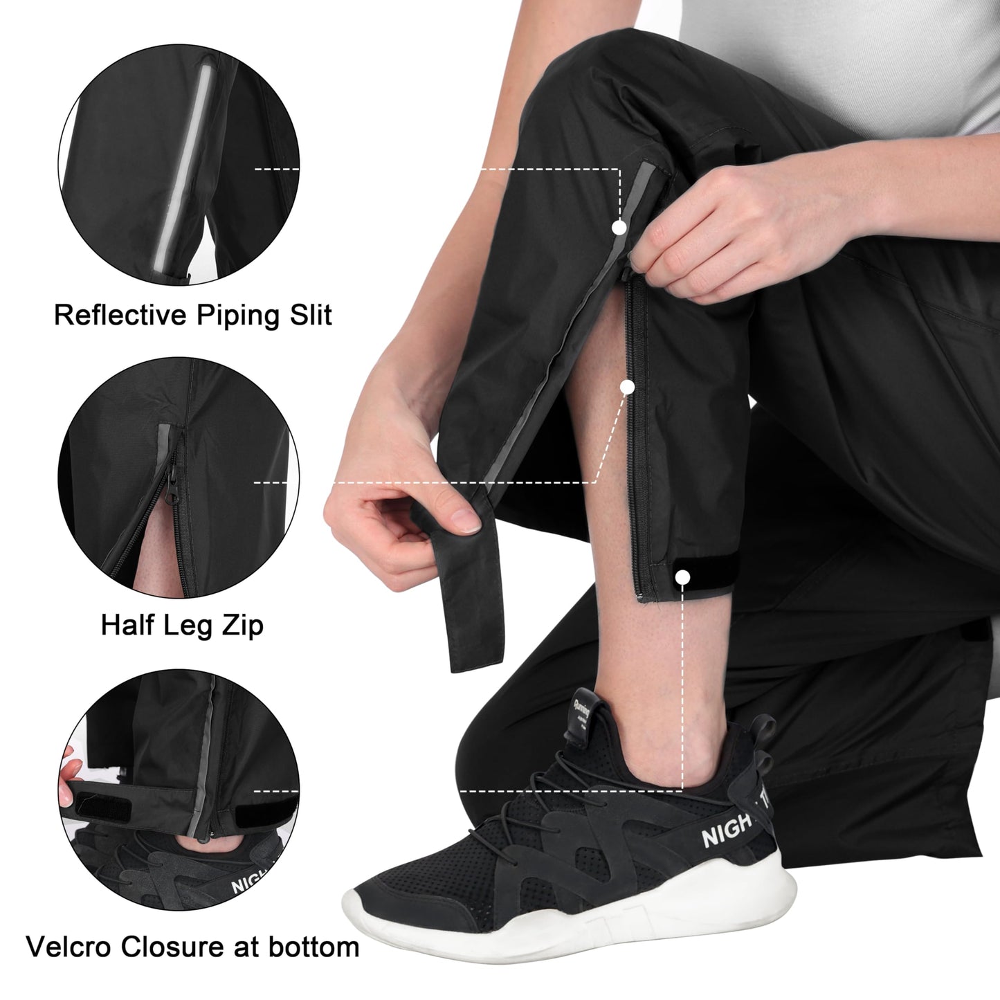 JAEZZIY Women's Rain Pants Waterproof Lightweight Packable Rain Pants Women Windproof Hiking Pants for Outdoor, Fishing (Black M)