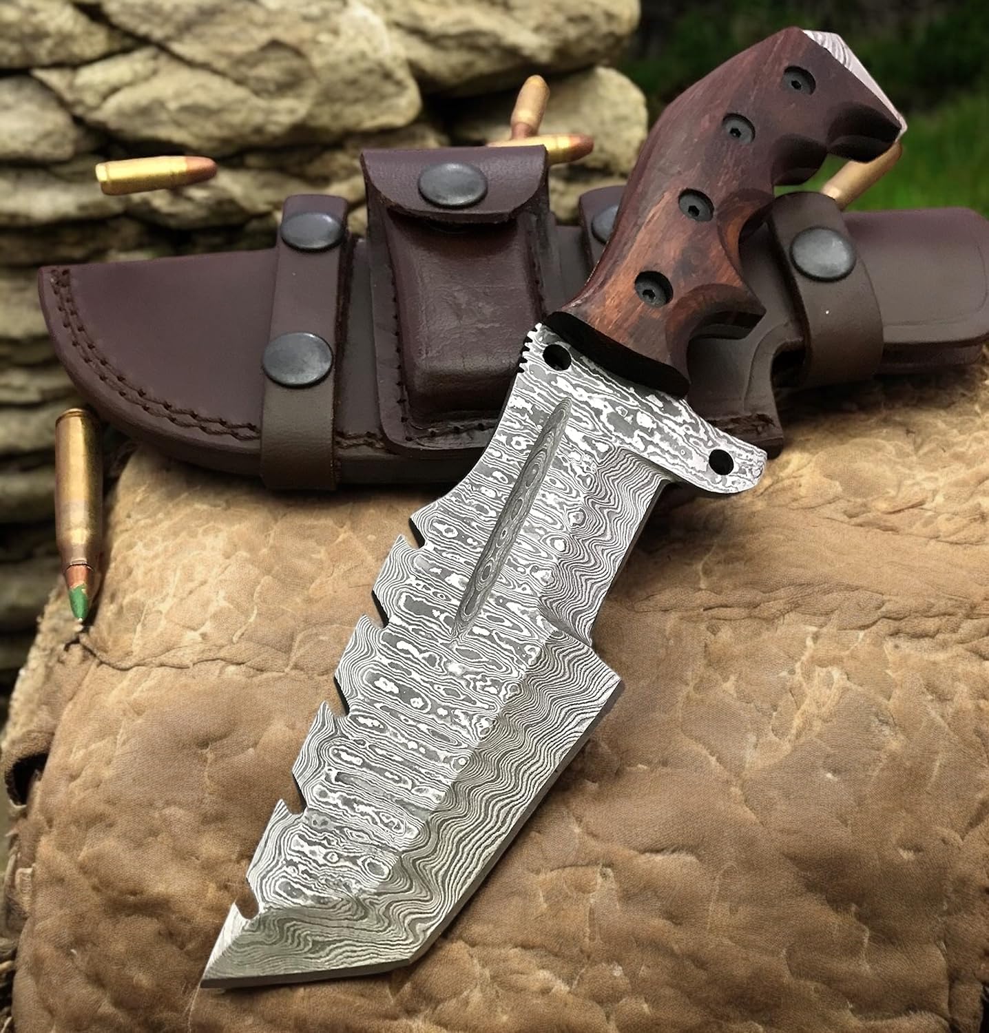 Poshland TR-1168 Custom Handmade Damascus Steel 10 Inches Tracker Knife - Perfect Grip Black Micarta Handle