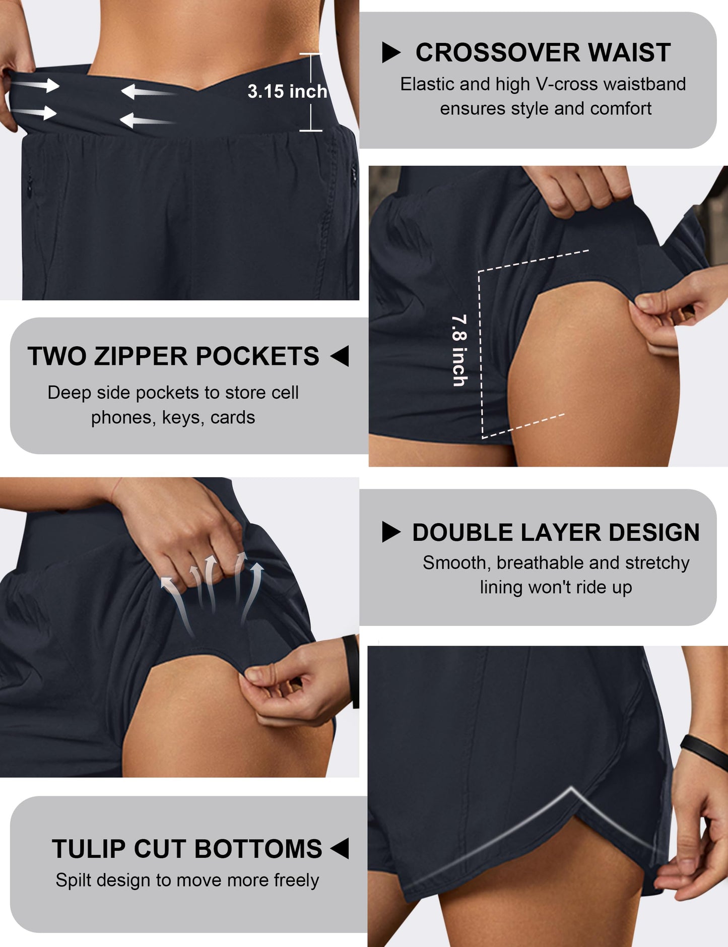 Blooming Jelly Women's Workout Shorts Athletic Running Crossover High Waisted Gym Sport Yoga Shorts with Zipper Pockets (Dark Blue,Small)