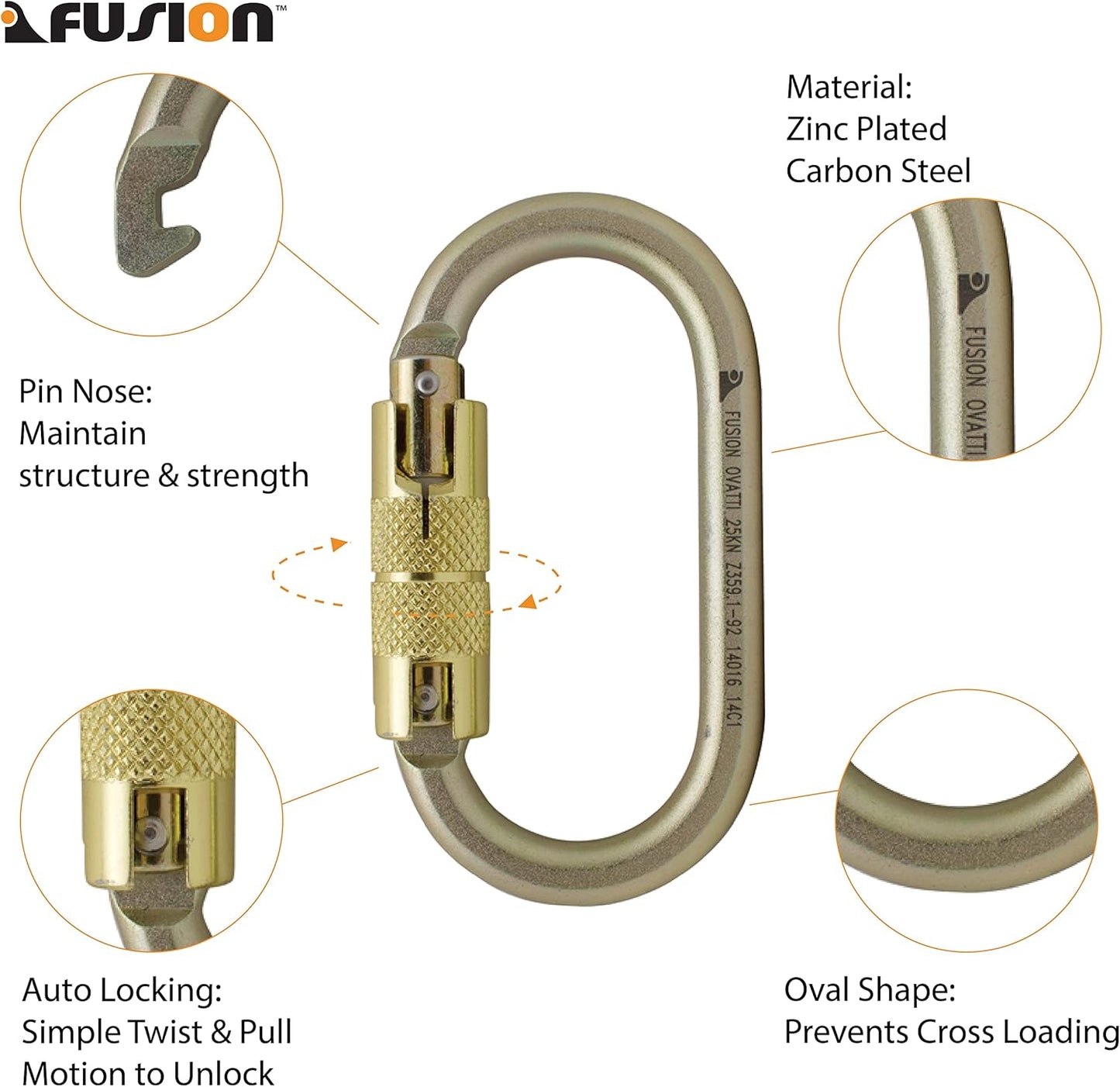 Fusion Climb Ovatti Military Tactical Edition Steel Auto Lock Oval Symmetrical Anchor Carabiner Gold, One Size (FP-9108-P-GLD)
