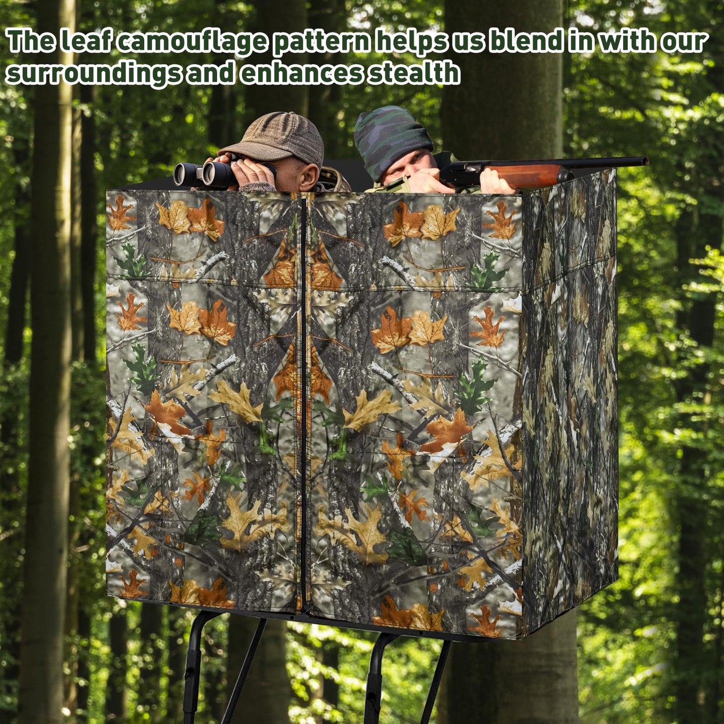 Four-sided Hunting Tree Stand Blinds Kit, 142" x 35" Large Treestand Camo Blind Cover Universal 2 Man Ladder Stand Blind Camouflage Stand Accessories with Zipper Pocket Storage Bag for Deer Hunting