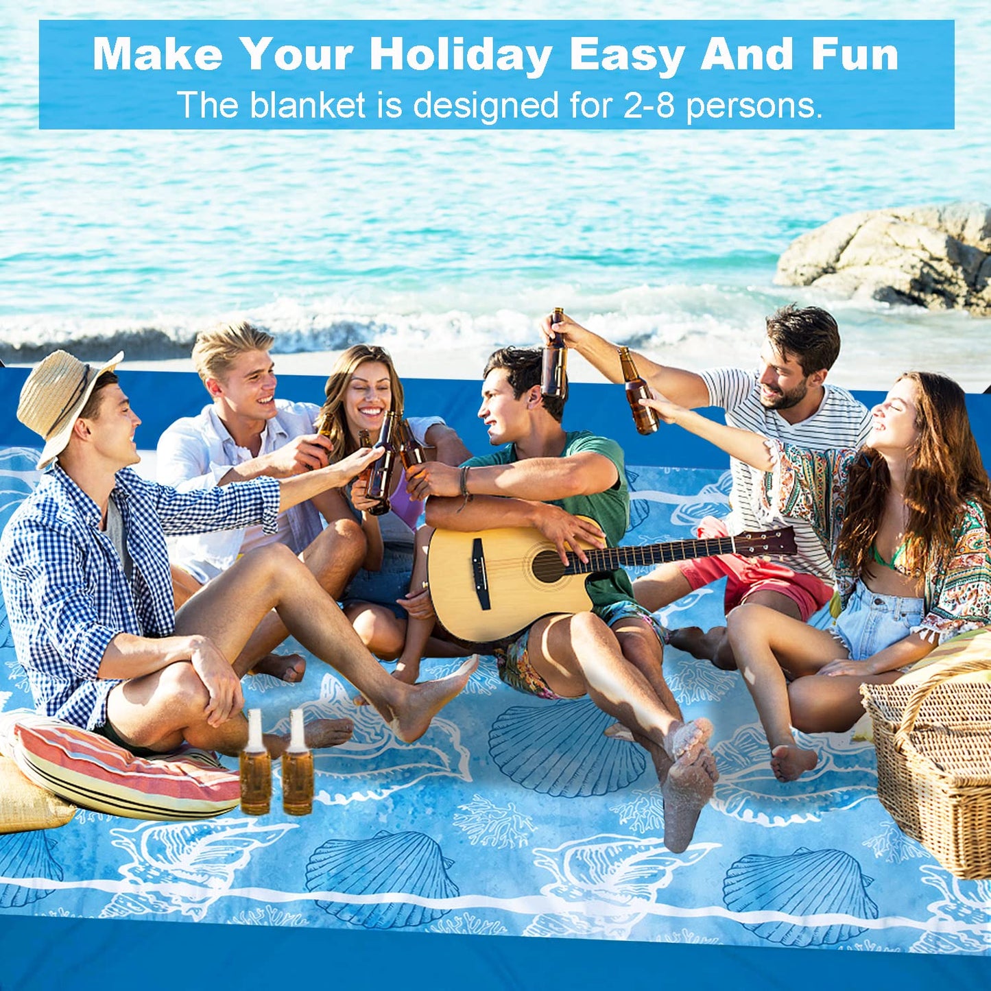 FunQeeu Beach Blanket, Large 83" X 79" Family Size Beach Mat Picnic Blanket Sandproof for 2-8 Adults Compact Lightweight Outdoor Accessories Portable Waterproof Mat for Travel Camping Hiking Vacation