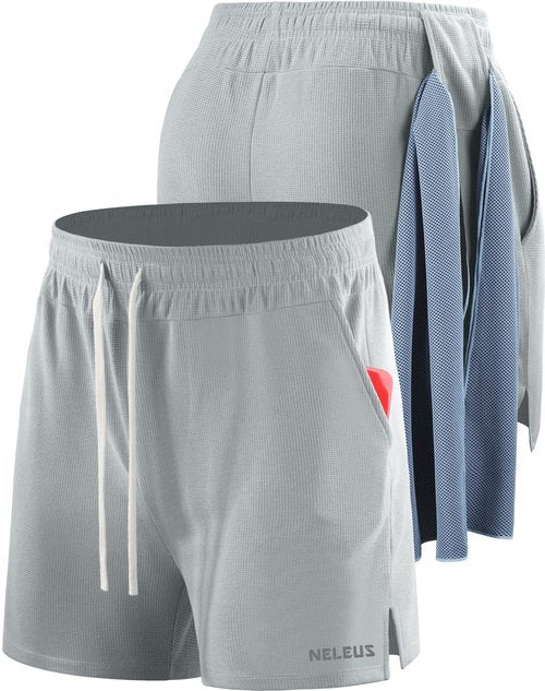 NELEUS Men's 3 Pack Running Shorts with Pockets,3D Honeycomb Thick Fabric,6112, Black/Light Grey/White,L