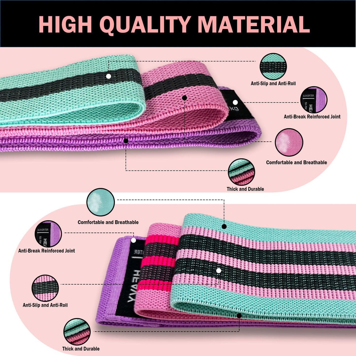 KANGFITER Long and Short Fabric Resistance Bands with Door Anchor 7 PCS, Non-Slip Stretch Booty Bands for Working Out Women & Men, Loop Exercise Elastic Bands for Home Physical Therapy Yoga Pilates