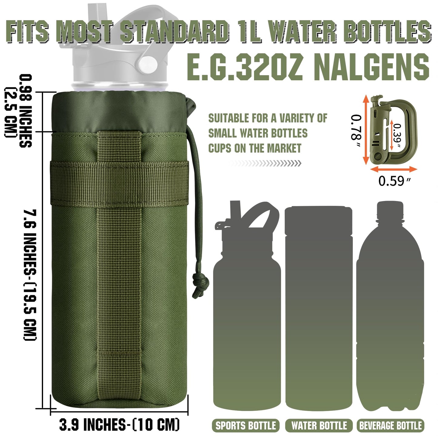 IronSeals 2 Pack Tactical Water Bottle Pouch Foldable Molle Water Bottle Holder Drawstring Open Top Travel Water Bottle Bag for Backpack Camping Outdoor
