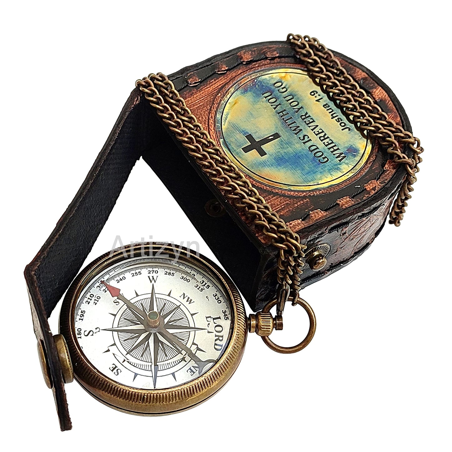 Brass Compass Engraved with Bible Scripture God is with You Wherever You Go Joshua 1:9 Religious Gift, Directional Magnetic Compass with Chain & Leather Carry Case, Baptism Gifts, Confirmation Gifts