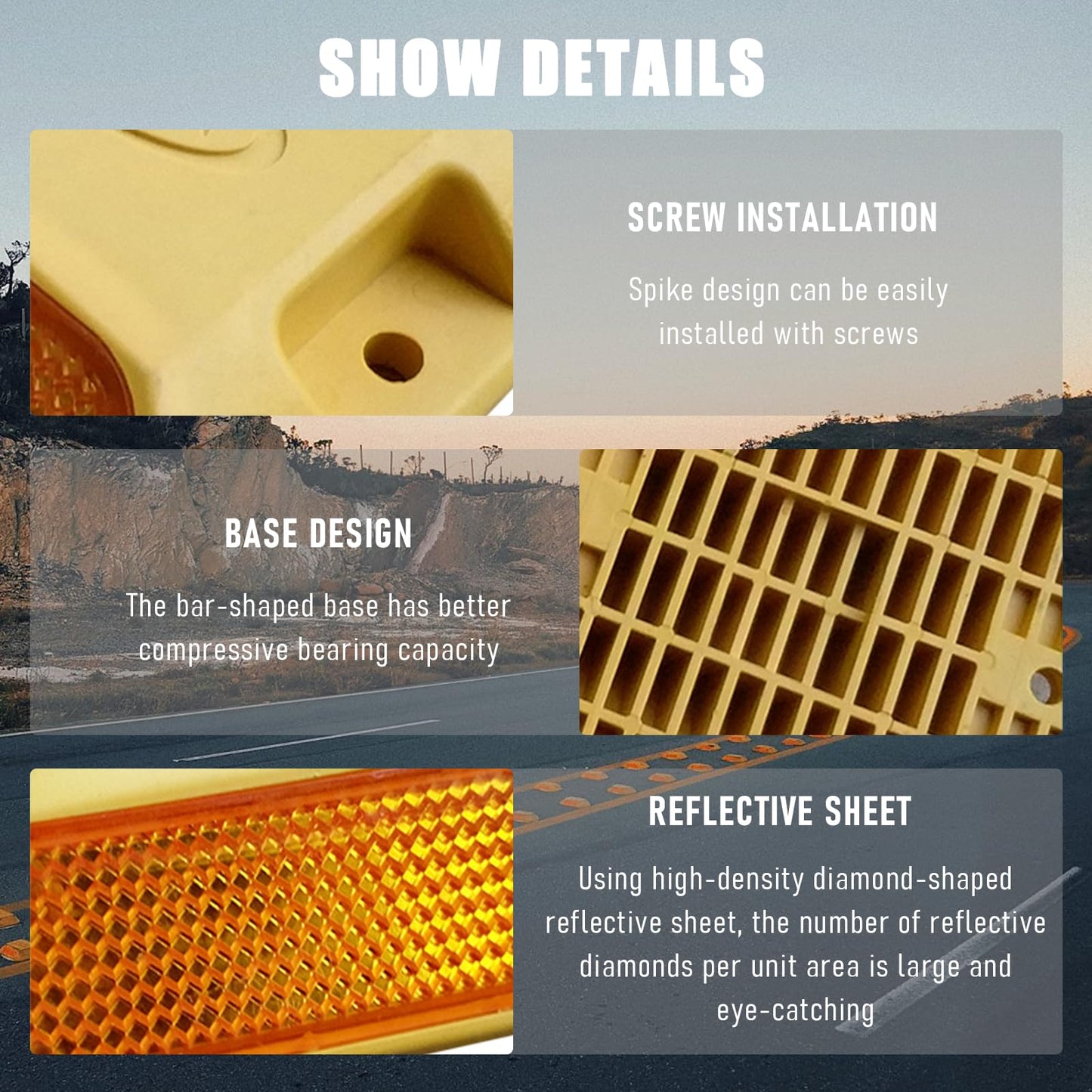 JUAWTYUK Road Reflectors 3-Pack 4x4 Inch with 3 Sets of Expansion Screws - Asphalt Studs for Speed Bumps, Sidewalks, Crossings, Freeways & Driveways