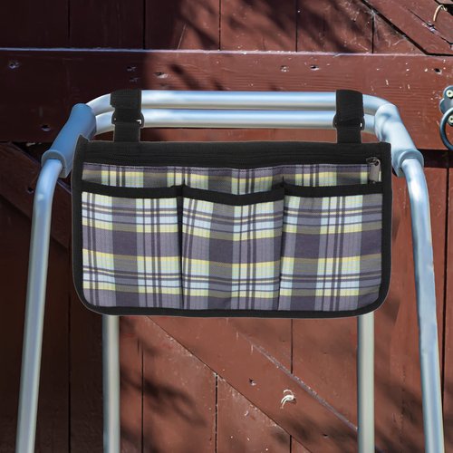 PATIKIL Chair Armrest Organizer, Waterproof Beach Chair Hanging Storage Pouch Arm Rest Magazine Snack Bag with 4 Pockets for Camping Outdoors, Blue Grid