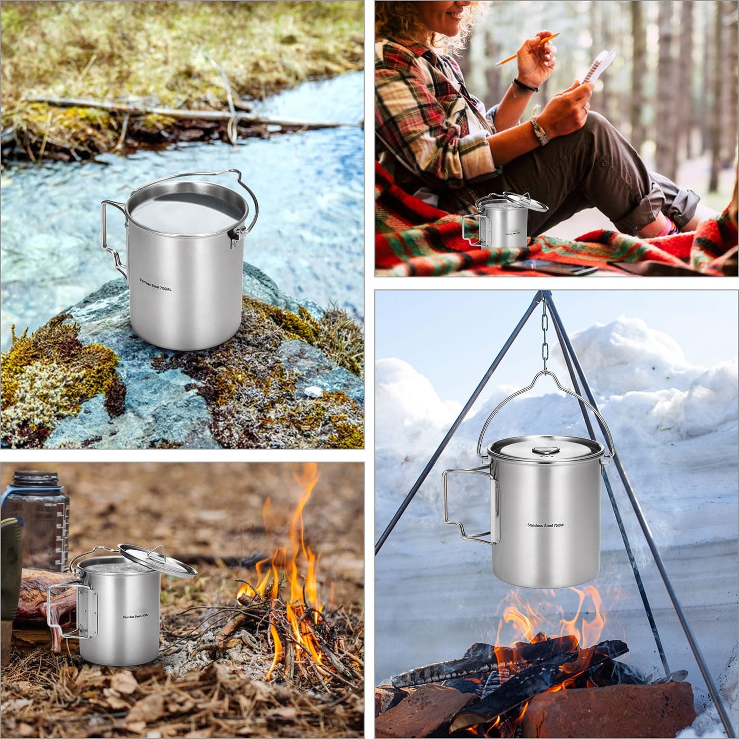 Ailgely 750ml Stainless Steel Cup with Gradation Marks, Foldable Handle, Lid, and Mesh Bag for Camping, Hiking, Picnic (750ml hanging pot)
