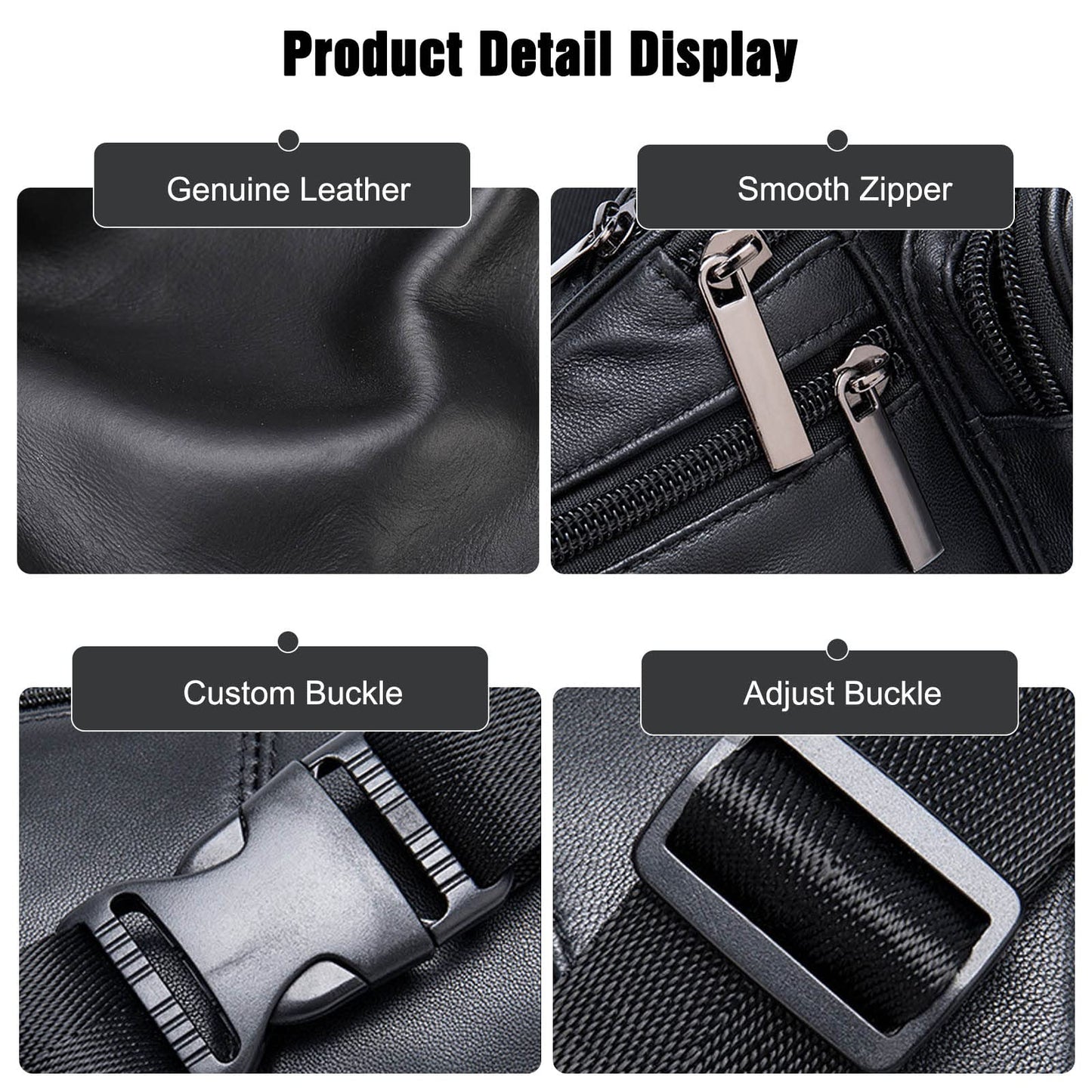 FANDARE Waist Fanny Pack Bumbags for Women Men Sling bag Genuine Leather Chest Crossbody Bag Cover Pack for Hiking Cycling Travelling Outdoor Sport Gym Business Shoulder Bag Black B